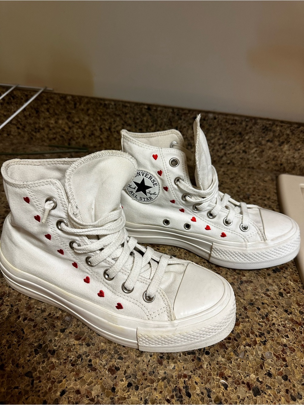 Converse White High-Top Sneakers with Red Heart Accents